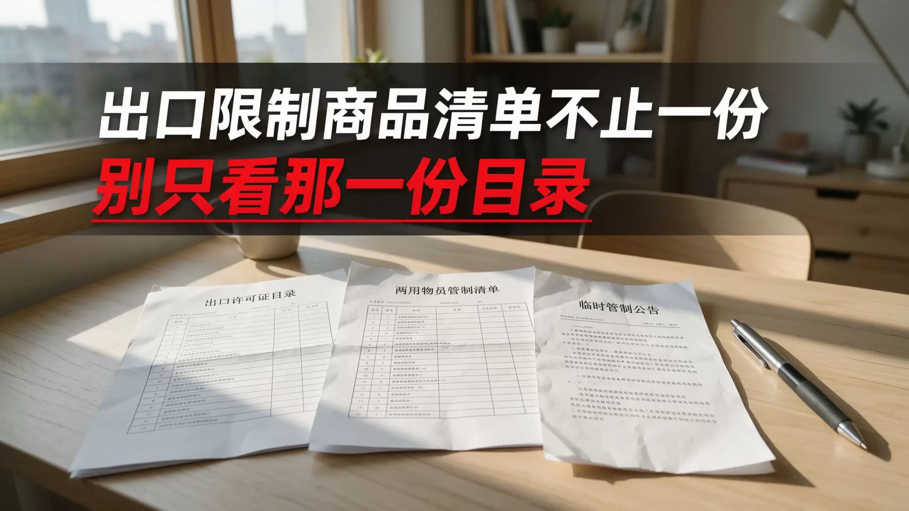 出口限制商品清单分好几份,只看一份目录远远不够 出口限制商品清单不止一份,三份文件并排办公桌面实拍