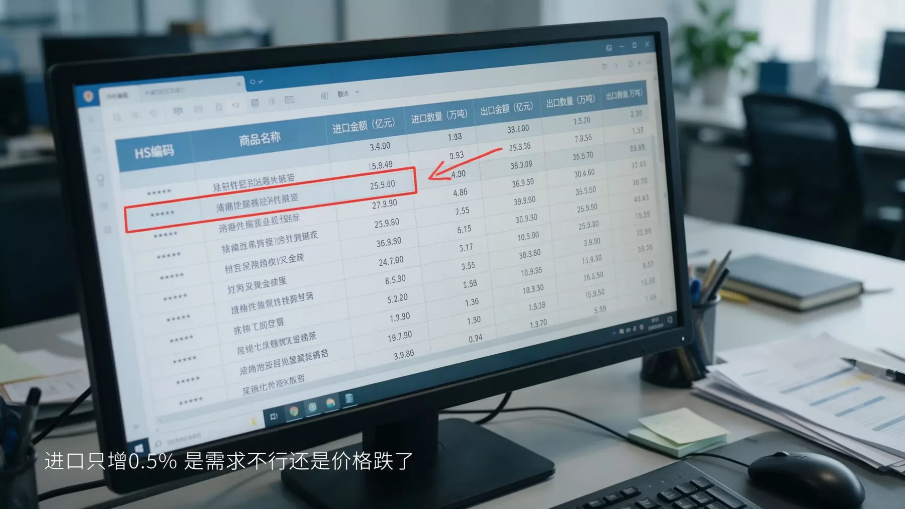 海关进出口数据表格电脑屏幕特写，进口数据行红色标注