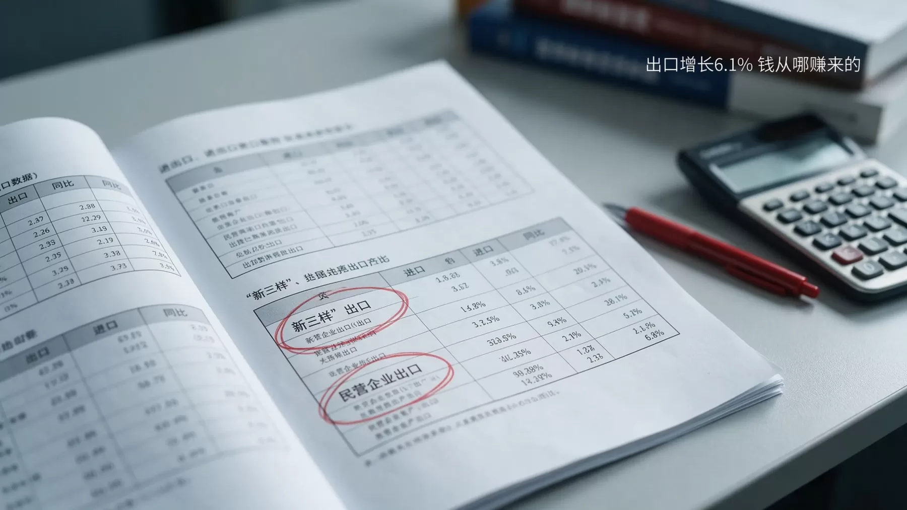 进出口数据报表红色圆圈标注新三样与民营企业出口数据特写