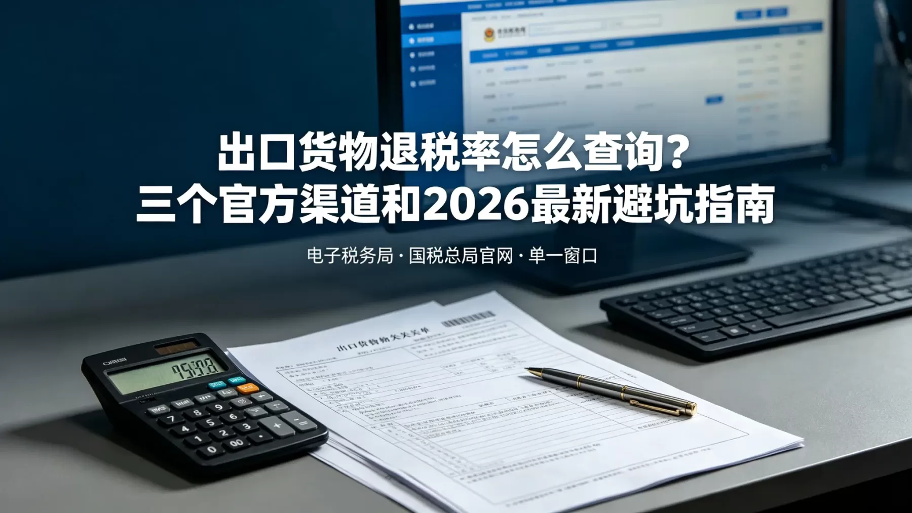 三个官方渠道查出口货物退税率,2026 年最新版本和避坑点都在这篇里 出口货物退税率查询封面,办公桌面报关单计算器实景