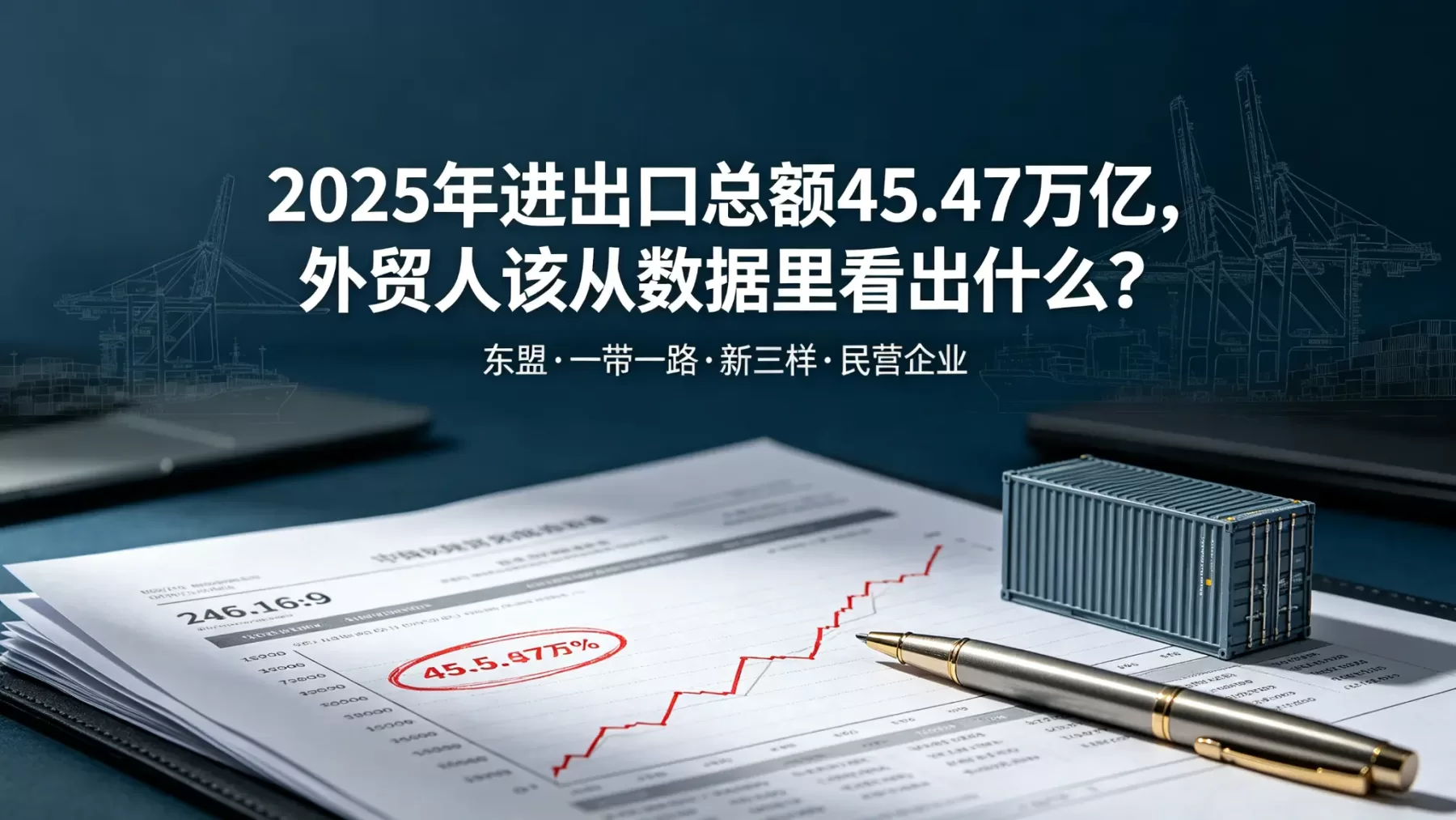 - 45.47 万亿是平均数,你在哪个赛道决定了你的体感 2025 年进出口总额 45.47 万亿封面,贸易数据报表与集装箱模型实景