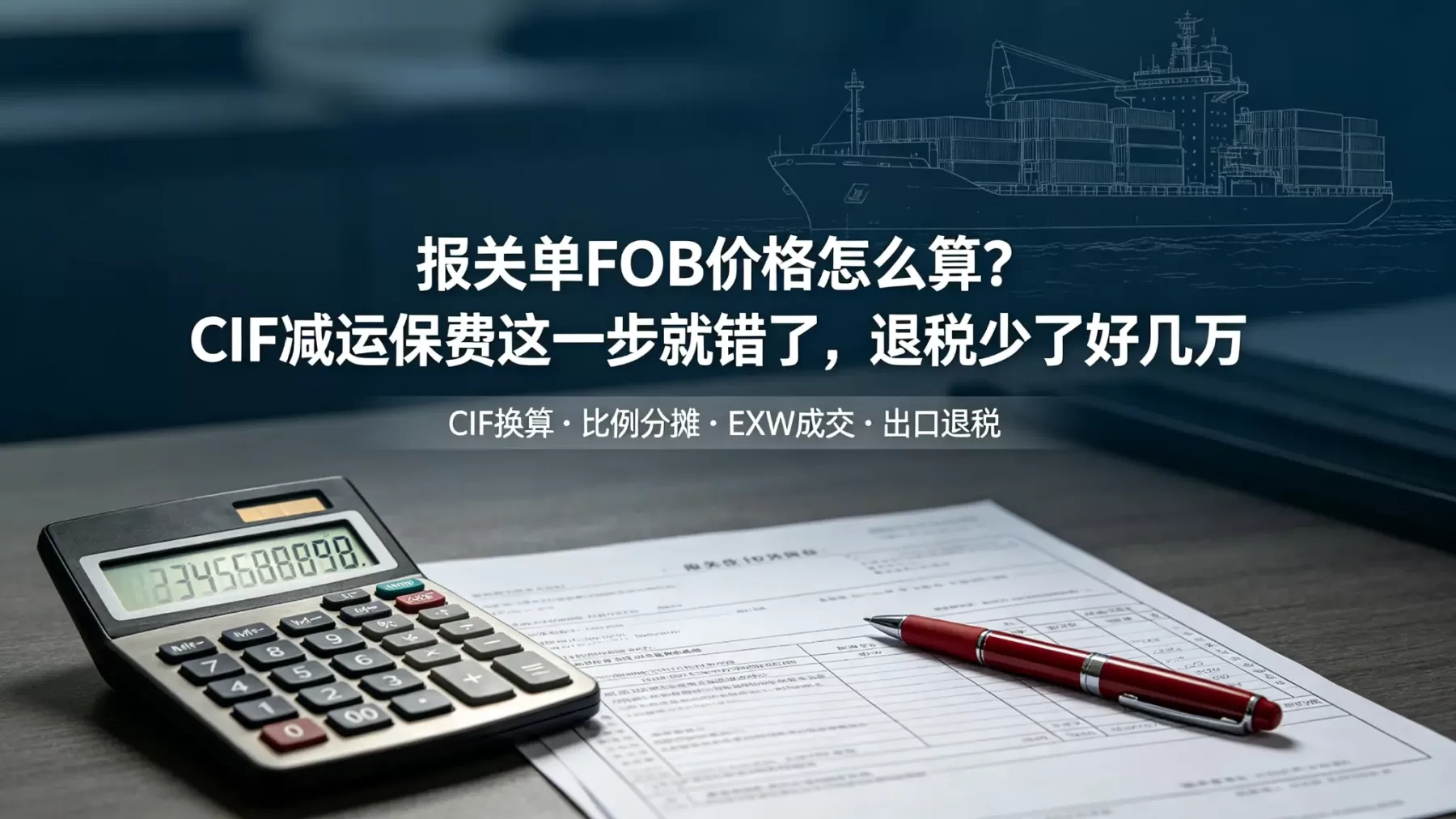 同样签的是 CIF 合同,有人退税算对了有人被税局退单 —— 差的就是减运保费那一步 报关单 FOB 价格计算封面,报关单与计算器桌面实拍